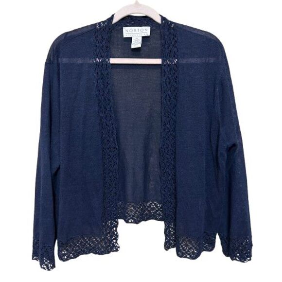 Norton McNaughton Sweaters - VTG Norton McNaughton Open Front Cardigan Sweater  XL Navy Blue Crochet Coastal